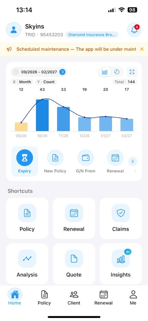 Skyins App home dashboard